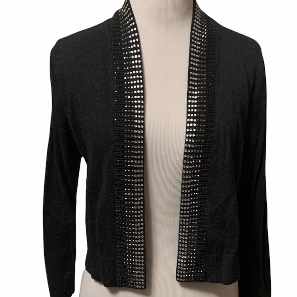 Calvin Klein black cropped sweater 3/4 length sleeves, crystals on front, neck